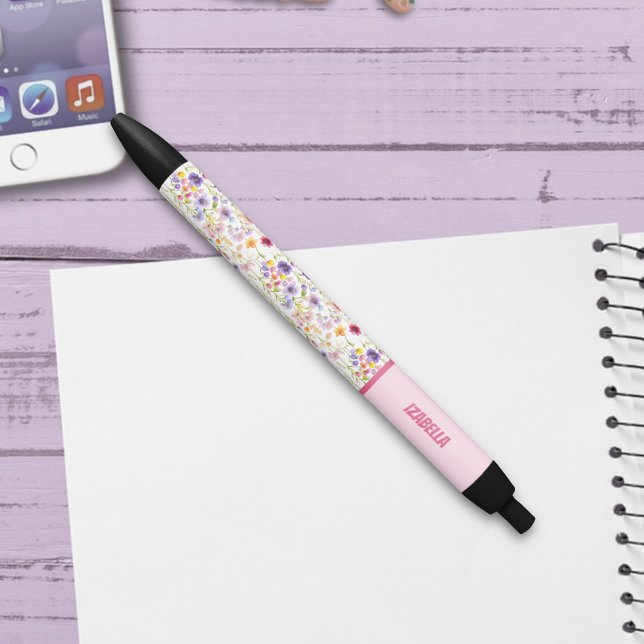 Stylo Noir Fleurs printanières sauvages multicolores tendance (Créateur téléchargé)