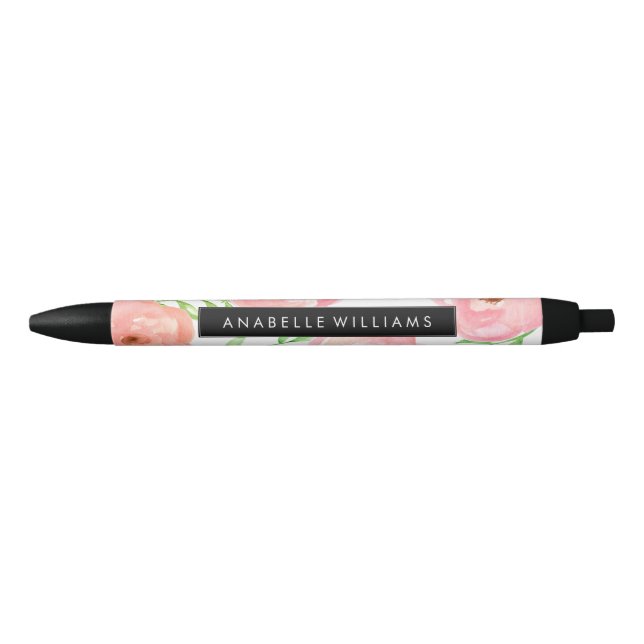 Stylo Noir Fleurs roses d'aquarelle (Devant)