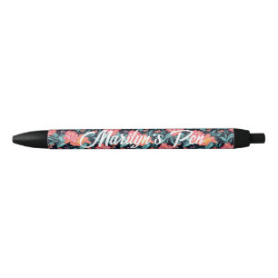 Stylo Noir Fleurs roses et coraux Personnalisées