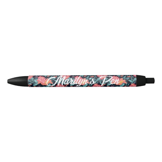 Stylo Noir Fleurs roses et coraux Personnalisées (Devant)