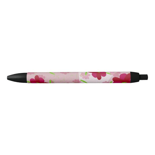 Stylo Noir Fleurs roses et rouges - Floral (Devant)
