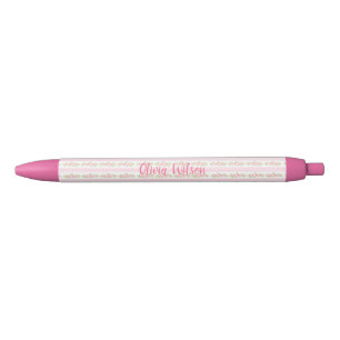 Stylo Noir Fleurs roses pastel et monogramme coquette rayures