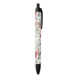 Stylo Noir Fleurs Roses Rouges