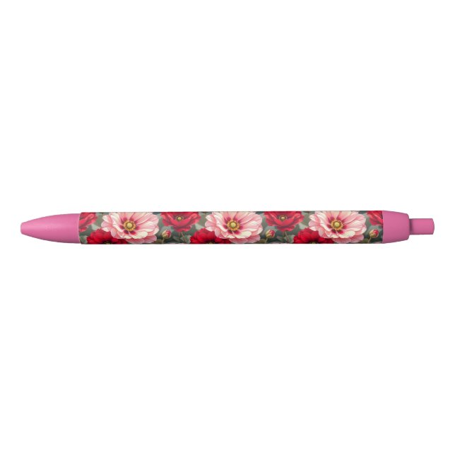 Stylo Noir Fleurs roses, rouges et mauves  (Devant)
