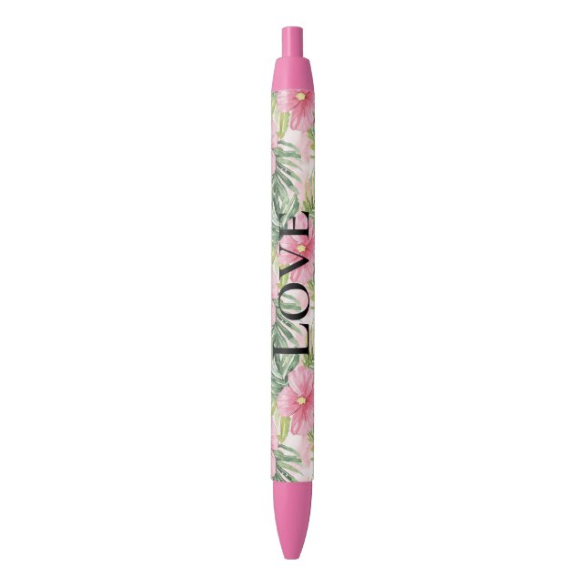 Stylo Noir Fleurs roses tropicales (devant Vertical)