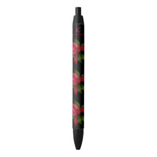 Stylo Noir Fleurs rouges avec l'initiale