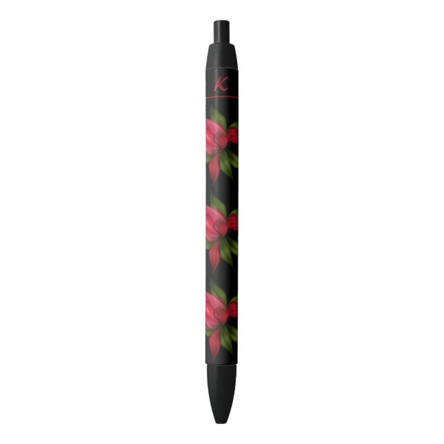 Stylo Noir Fleurs rouges avec l'initiale (devant Vertical)