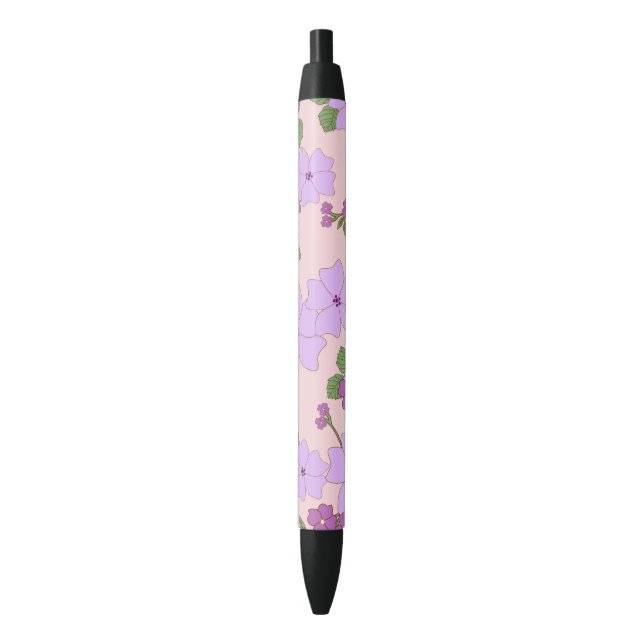 Stylo Noir Fleurs Violettes, Modèle Floral, Motif De Fleurs (devant Vertical)
