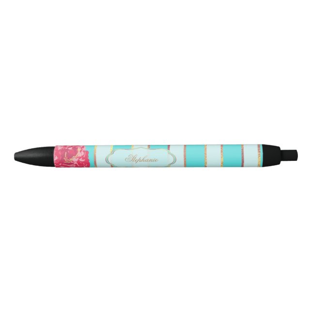 Stylo Noir Floral avec l'Aqua et les rayures d'or (Devant)