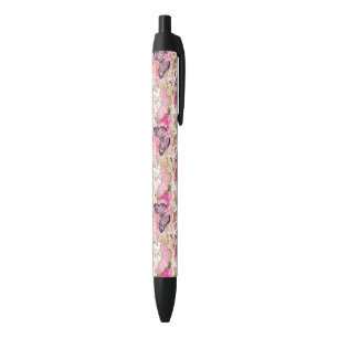Stylo Noir Flore rose Papillon volant Accents dorés