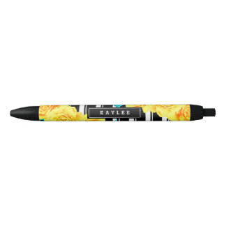 Stylo Noir Fun Floral, Roses Jaunes