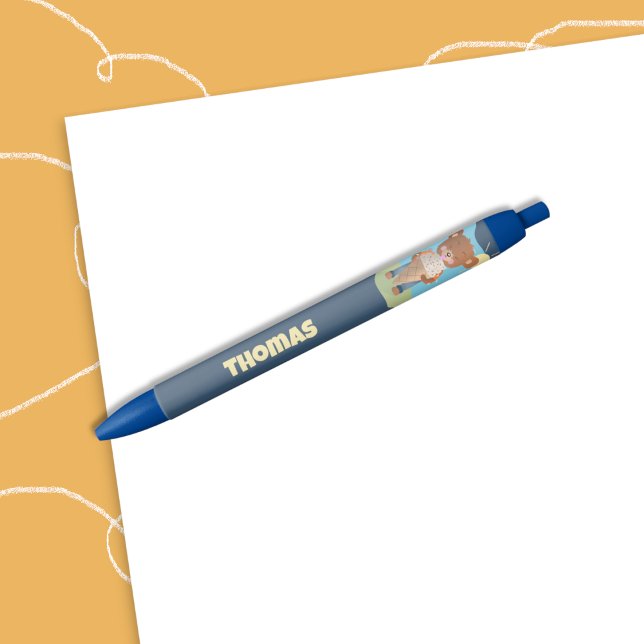 Stylo Noir Funny Brain Freeze Kid Pen with Name (Funny kid pen with name featuring a brown bear getting a brain freeze eating an ice cream too fast .)