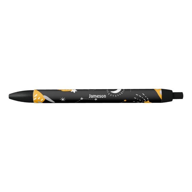 Stylo Noir Fusées Lune Jaune Noire (Devant)