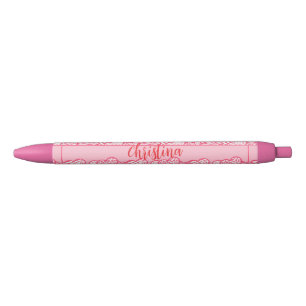 Stylo Noir Girly Blush Rose mignon Animal Imprimer Coeurs Nom