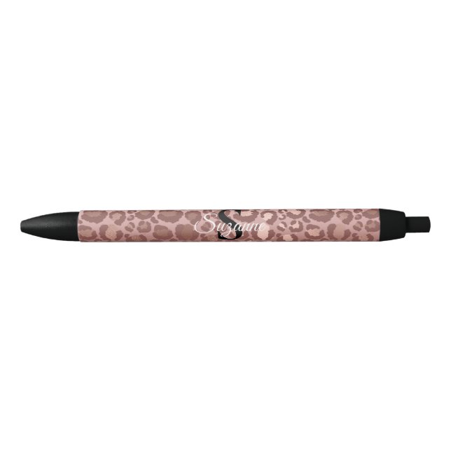 Stylo Noir Girly Rose Gold Leopard Monogram Nom élégant (Devant)