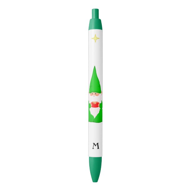 Stylo Noir Gnome mignonne tenant un cadeau et un monogramme (devant Vertical)