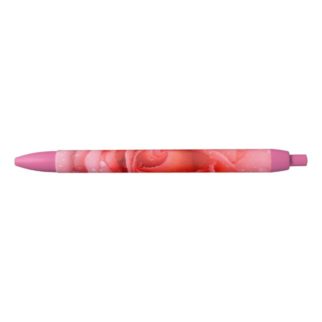 Stylo Noir Gouttes d'eau de rose rouge romantique (Devant)