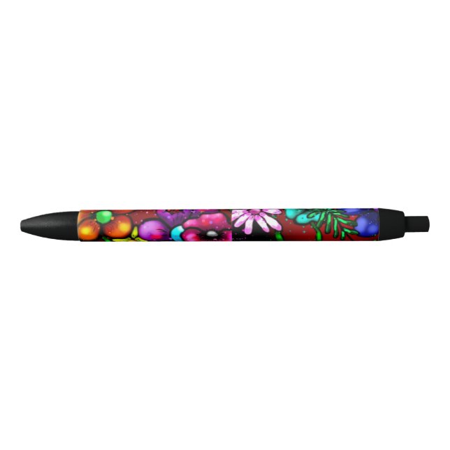 Stylo Noir Graffiti Style Fleurs & Ladybug rose violet rouge (Devant)