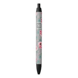 Stylo Noir Gris Chic Aquarelle Floral Monogramme