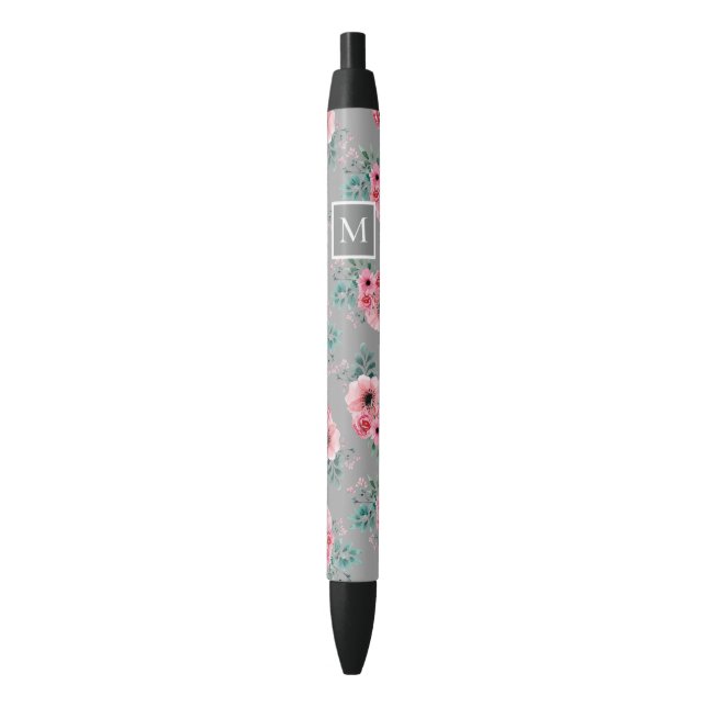 Stylo Noir Gris | Chic Aquarelle Floral Monogramme (devant Vertical)