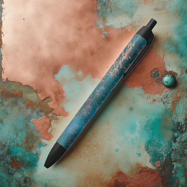 Stylo Noir Grunge Cuivre Patina & Turquoise Verdigris Damask (Grunge Copper Patina and Turquoise Damask Black Ink Pen)