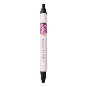 Stylo Noir Hibou lunatique rose mignon