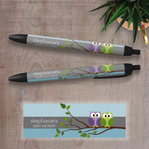 Stylo Noir Hibou mignon sur la branche - douche bleue de bébé