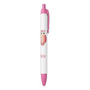 Stylo Noir Hibou rose mignon avec le nom