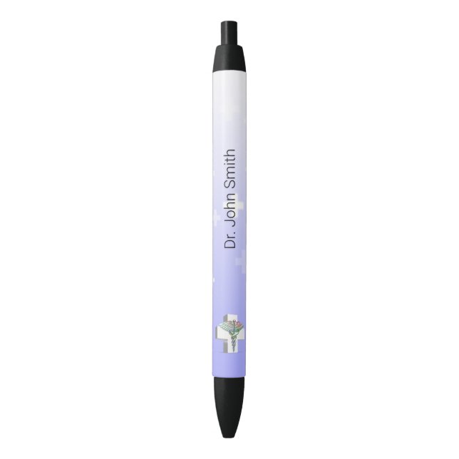 Stylo Noir Holographique Médicale 3D Caduceus Croix blanche (devant Vertical)