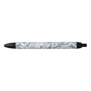 Stylo Noir Image florale blanche de dentelle de denim bleu