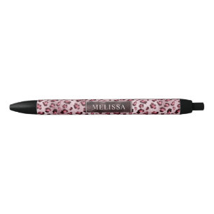 Stylo Noir Impression d'animal léopard rose avec faux foil et