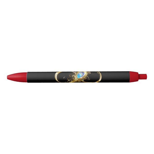 Stylo Noir Infinité avec plume de paon doré (Devant)