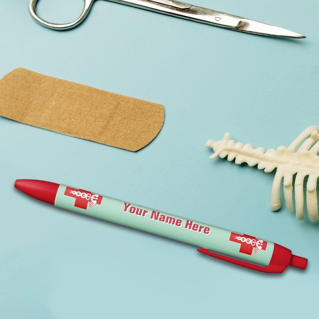 Stylo Noir Infirmière Caduceus Scrubs Green avec nom (Créateur téléchargé)
