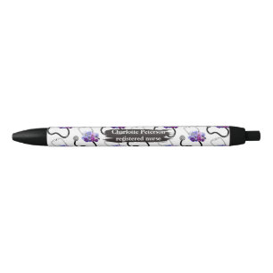 Stylo Noir Infirmière diplômée Stéthoscope et floral bleu
