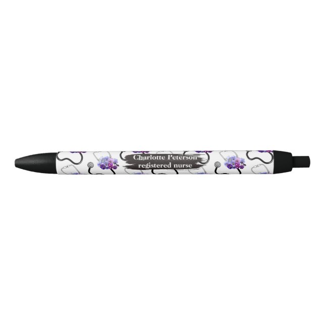 Stylo Noir Infirmière diplômée Stéthoscope et floral bleu   (Devant)