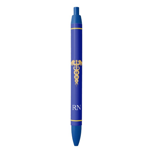 Stylo Noir Infirmière Monogramme & Caducée Doré sur Fond Bleu (devant Vertical)