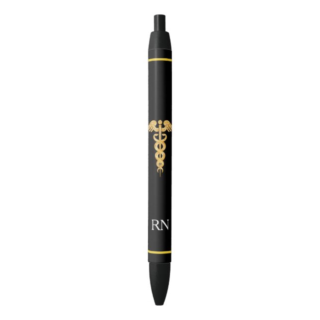 Stylo Noir Infirmière Monogramme & Caducée Doré sur Fond Noir (devant Vertical)