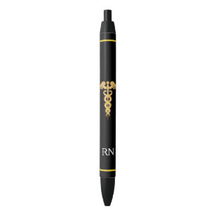 Stylo Noir Infirmière Monogramme & Golden Caduceus sur Noir