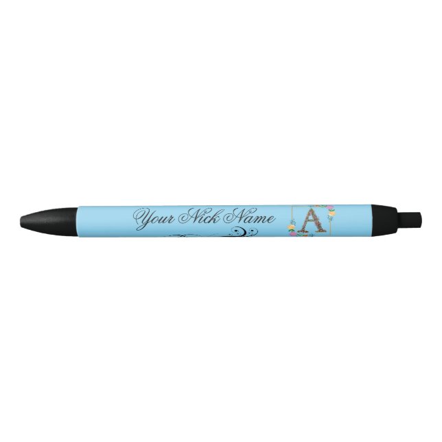 Stylo Noir Initiale florale élégante A (Devant)