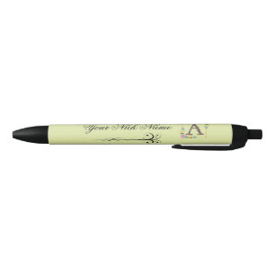 Stylo Noir Initiale florale élégante A