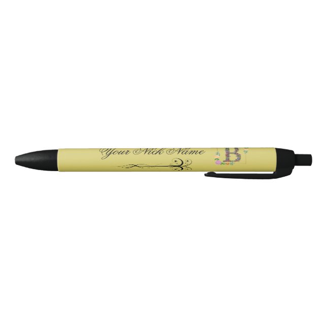 Stylo Noir Initiale Florale Élégante B (Bas)
