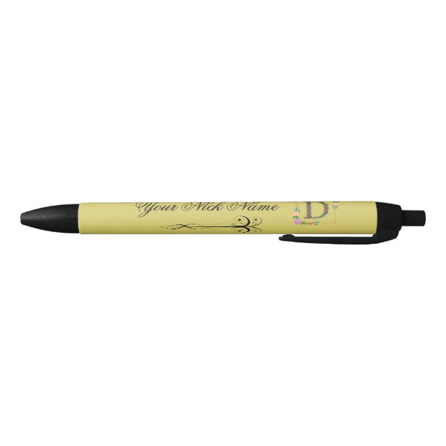 Stylo Noir Initiale florale élégante D (Bas)