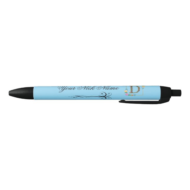 Stylo Noir Initiale florale élégante D (Bas)