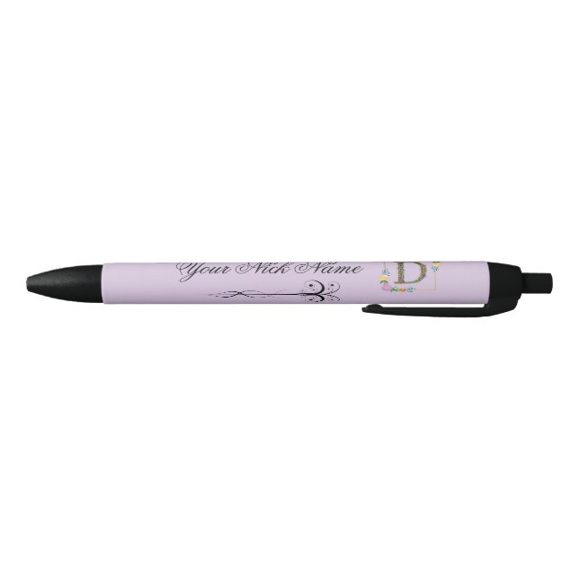Stylo Noir Initiale florale élégante D (Bas)