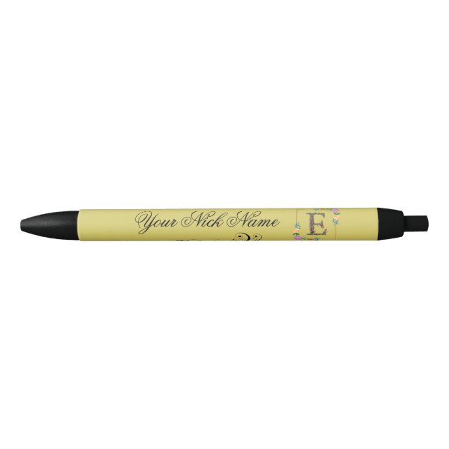 Stylo Noir Initiale Florale Élégante E (Devant)