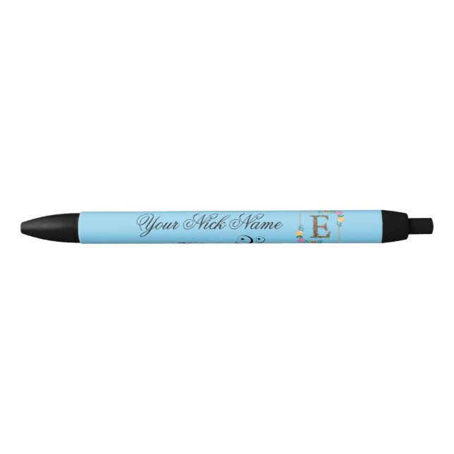 Stylo Noir Initiale florale élégante E (Devant)