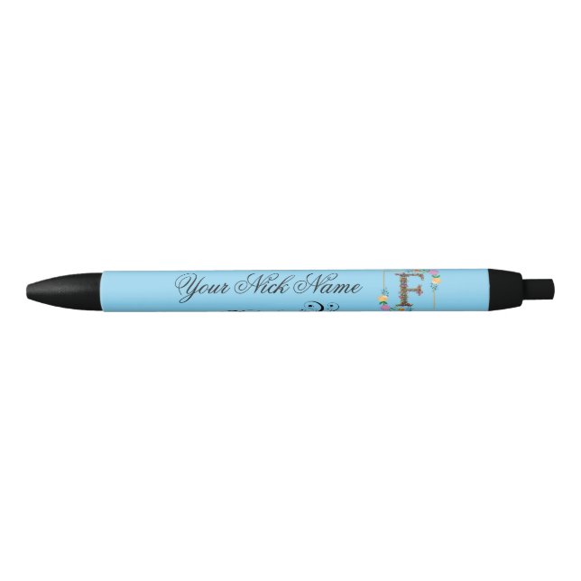 Stylo Noir Initiale florale élégante F (Devant)