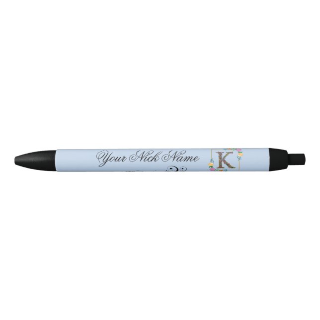 Stylo Noir Initiale Florale Élégante K (Devant)