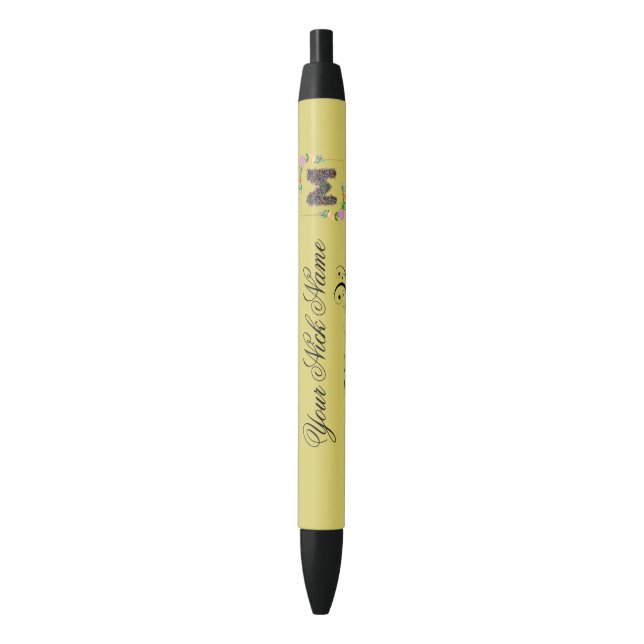 Stylo Noir Initiale Florale Élégante M (devant Vertical)
