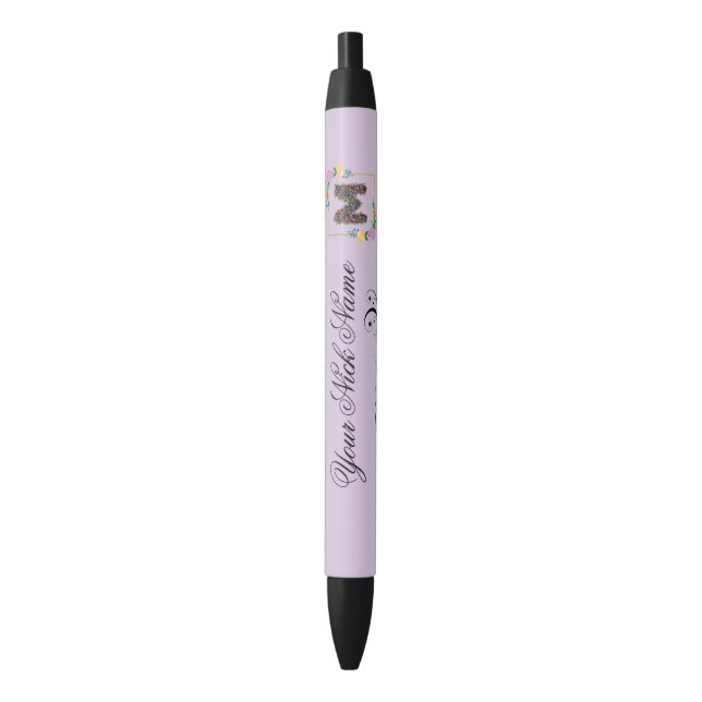 Stylo Noir Initiale florale élégante N (devant Vertical)